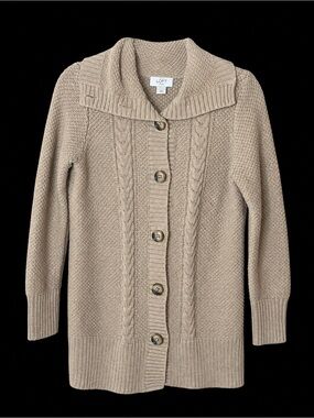 LOFT Petites MP Beige Cable Knit Button Front Cardigan Sweater Shawl Collar